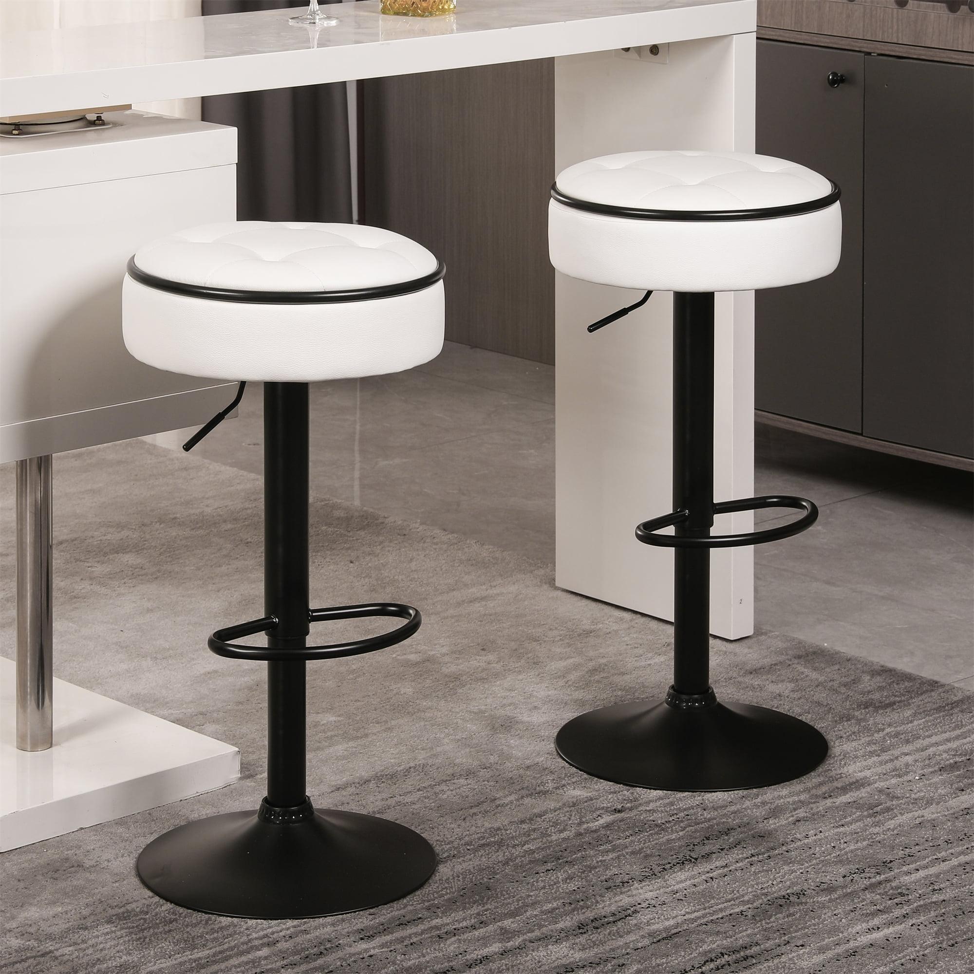 White Adjustable Faux Leather Swivel Bar Stools with Storage, Set of 2