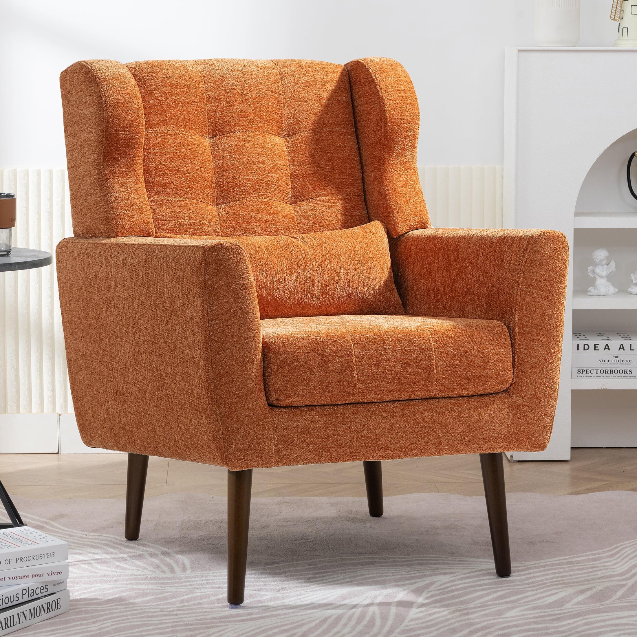 HSUNNS Accent Chair, Chenille Armchair with Pillow and Solid Wood Legs, Ergonomic Design Upholstered Reading Armchair for Bedroom and Reception Room, Comfy Soft Padded Lounge Chair, Orange