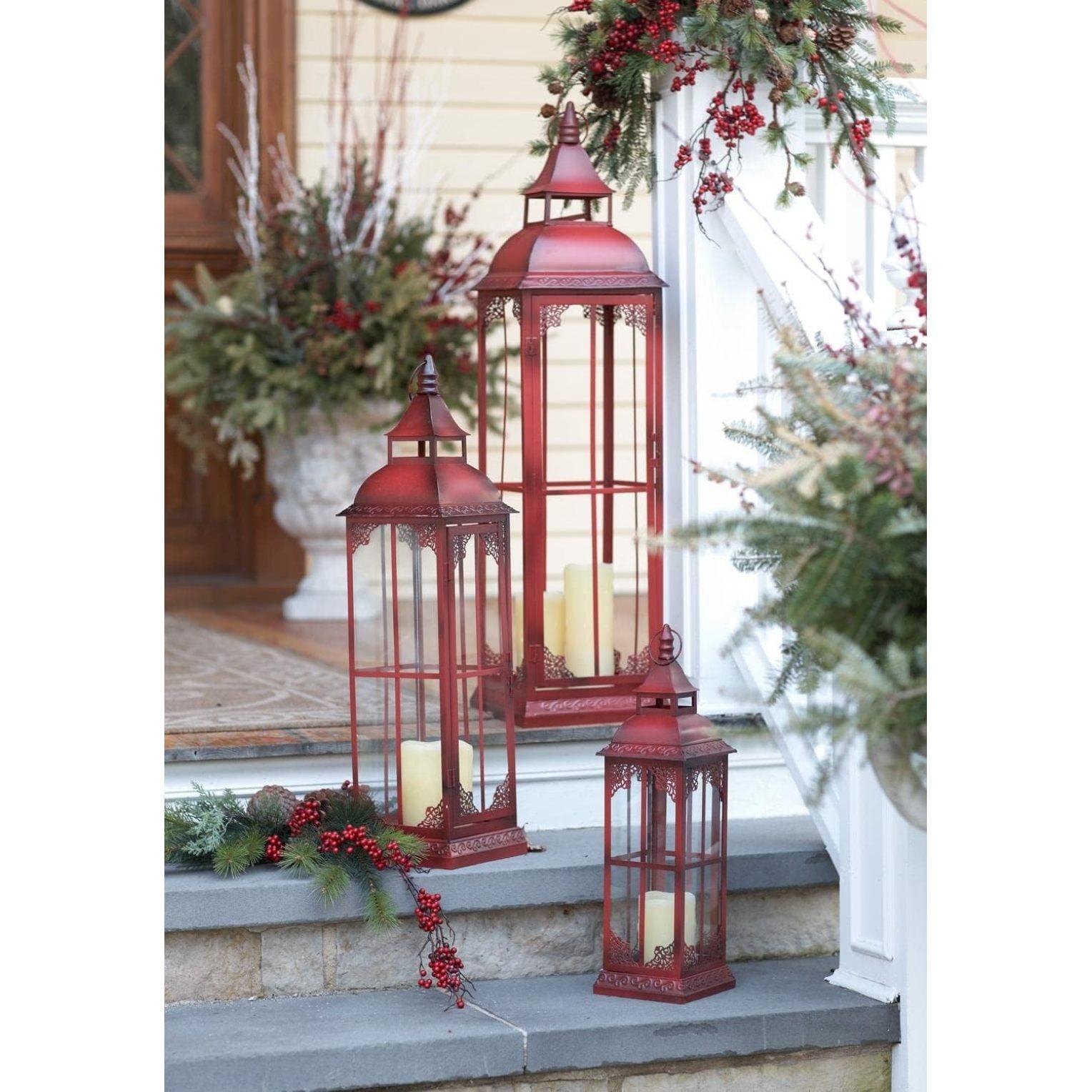 Traditional Red Metal & Glass Christmas Lantern Trio - 37" Hanging Set