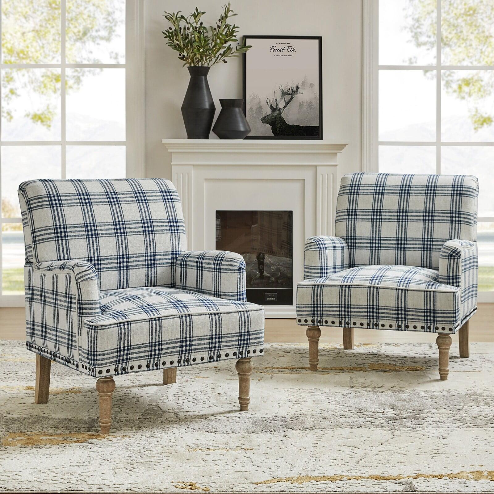 Navy Plaid Upholstered Armchair Set with Nailhead Trim