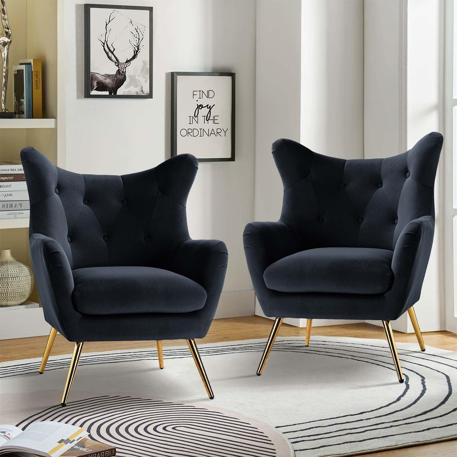 HULALA HOME Eusebio Modern Velvet  Accent Chair with Tufted Wingback for Living Room Set of 2 by  Wingback Chairs BLACK