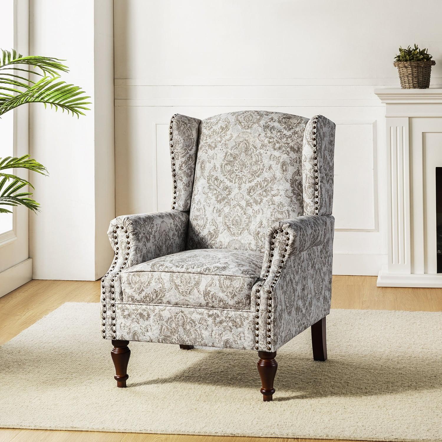 Beige Floral Barrel Accent Chair with Manufactured Wood Frame