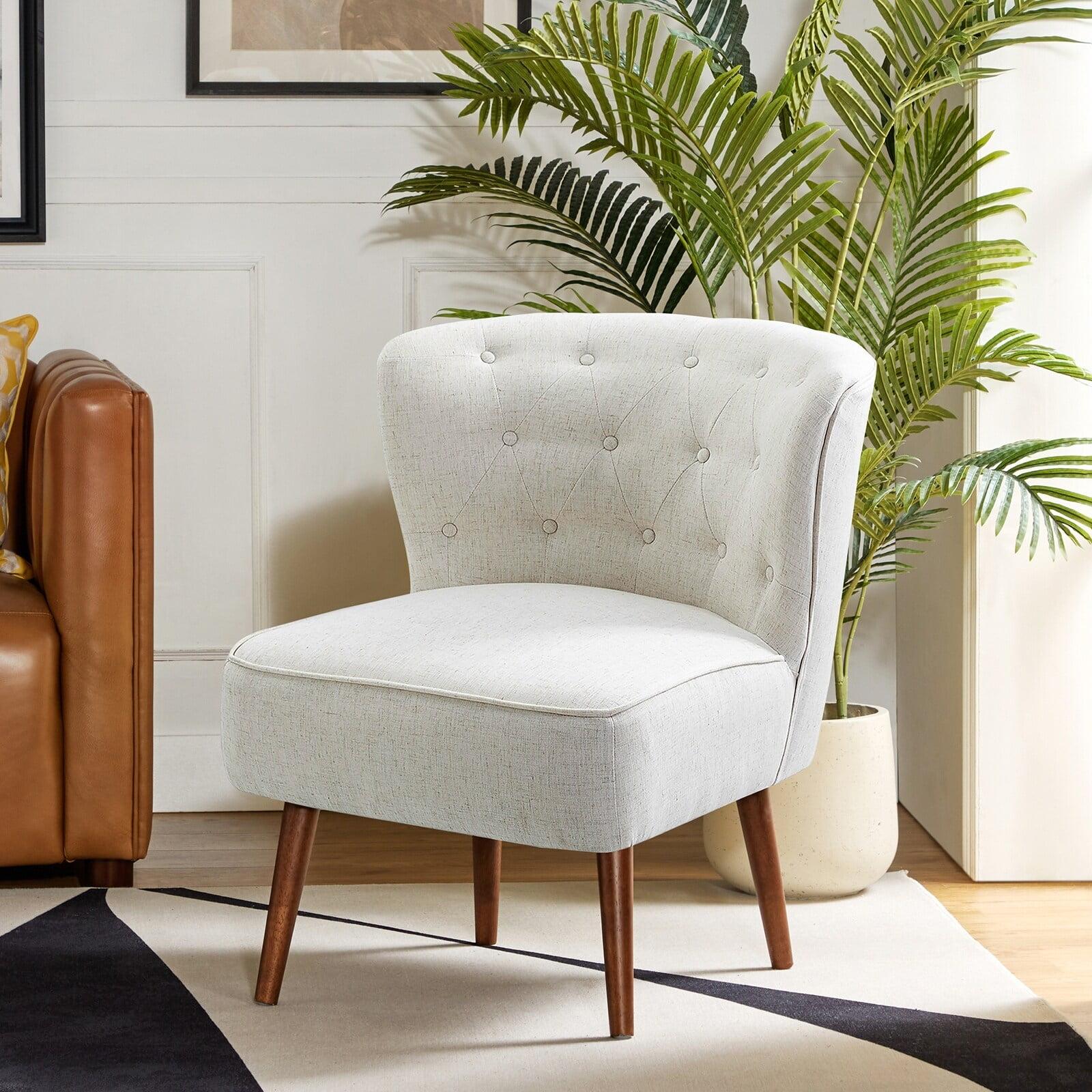 Ivory Upholstered Button-Tufted Wingback Side Chair with Walnut Legs