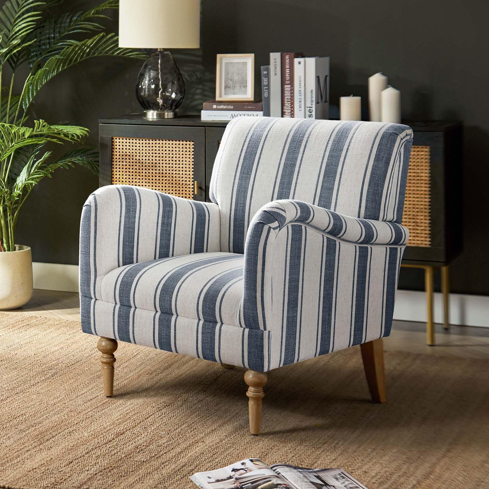 Navy Striped Upholstered Armchair with Wooden Legs