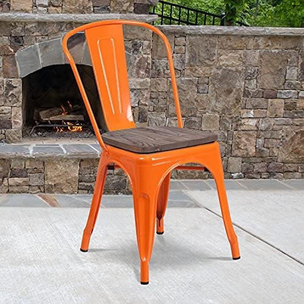 Orange Metal Stackable Chair with Wood Seat