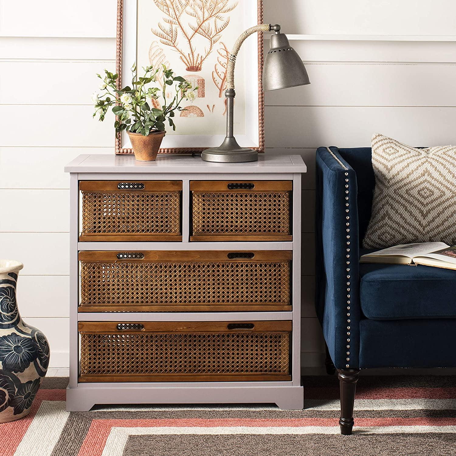Transitional White Pine 4-Drawer Storage Cabinet with Cane Baskets