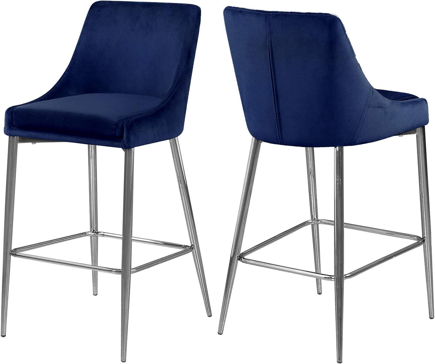 Navy Velvet and Chrome Counter Height Stools, Set of 2