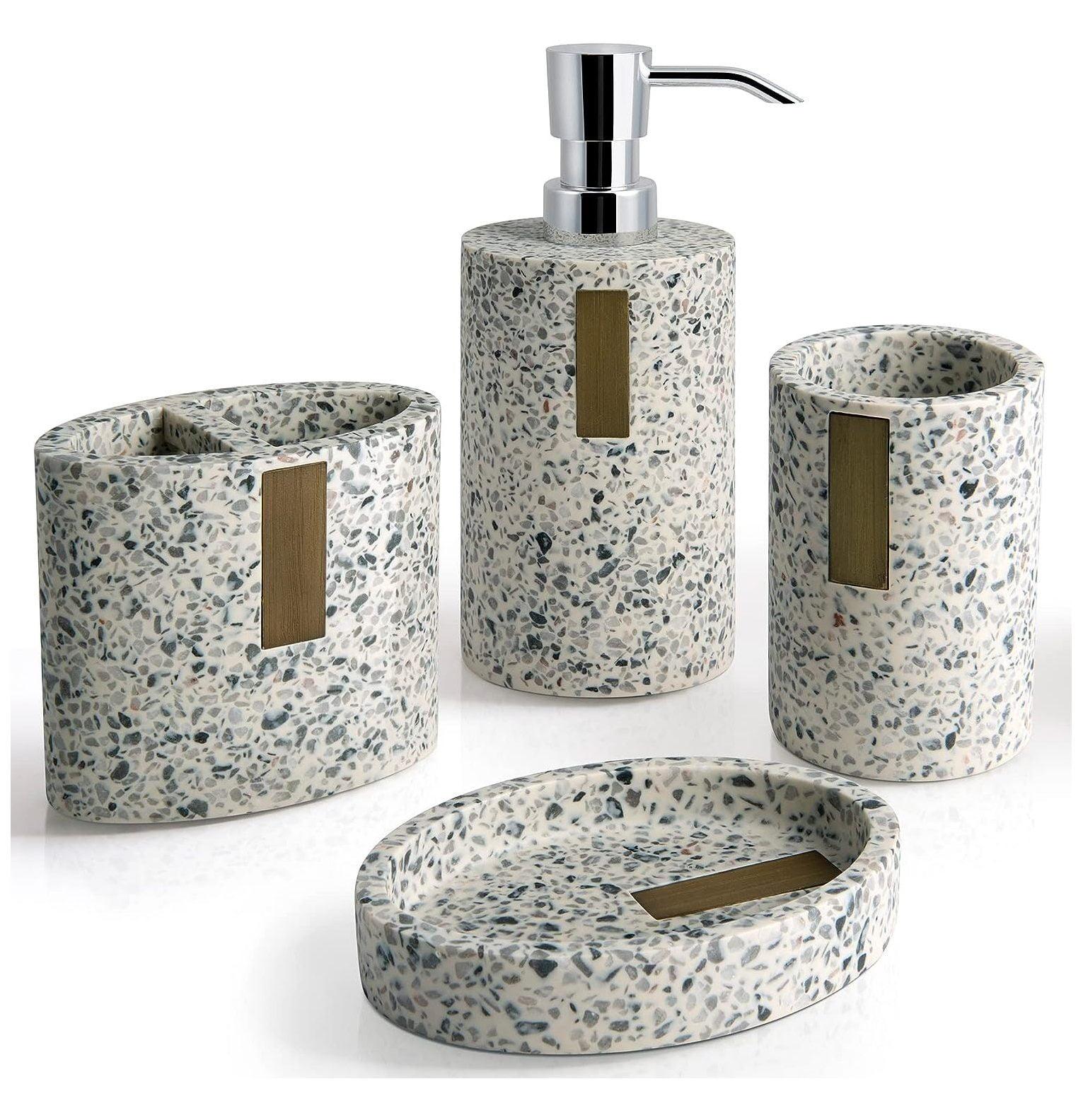 Lerrazzo 4-Piece Grey and Natural Terrazzo Bathroom Set