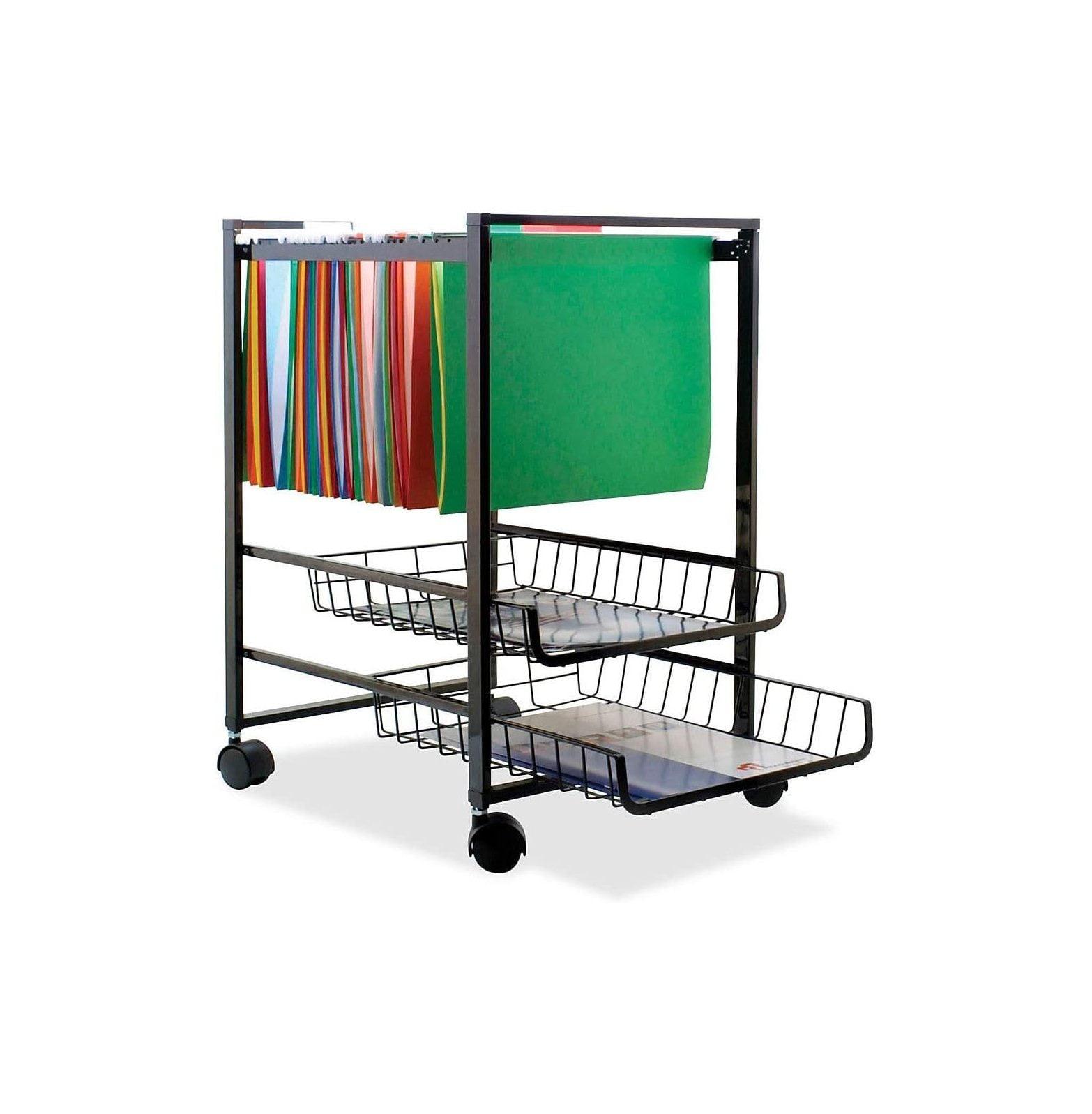 Compact Black Steel Mobile File Cart with Dual-Wheel Casters