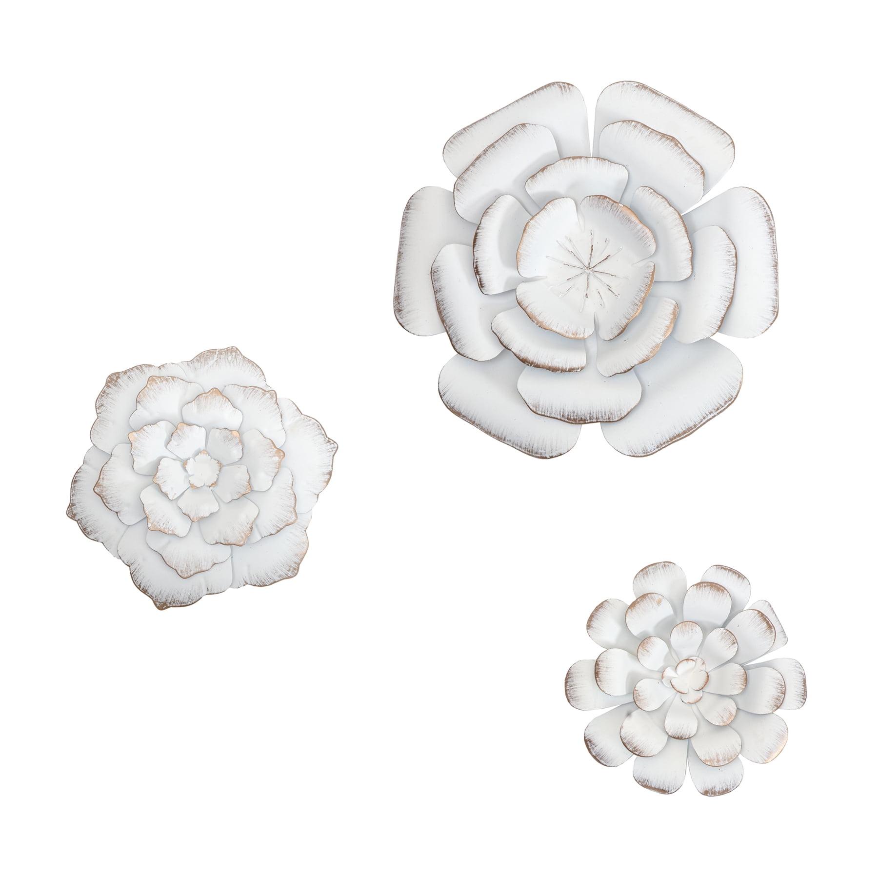 Brewster (Set of 3) Lani White Flowers Metal Wall Arts: Iron Sculptures, Modern Decor, Nature Inspired