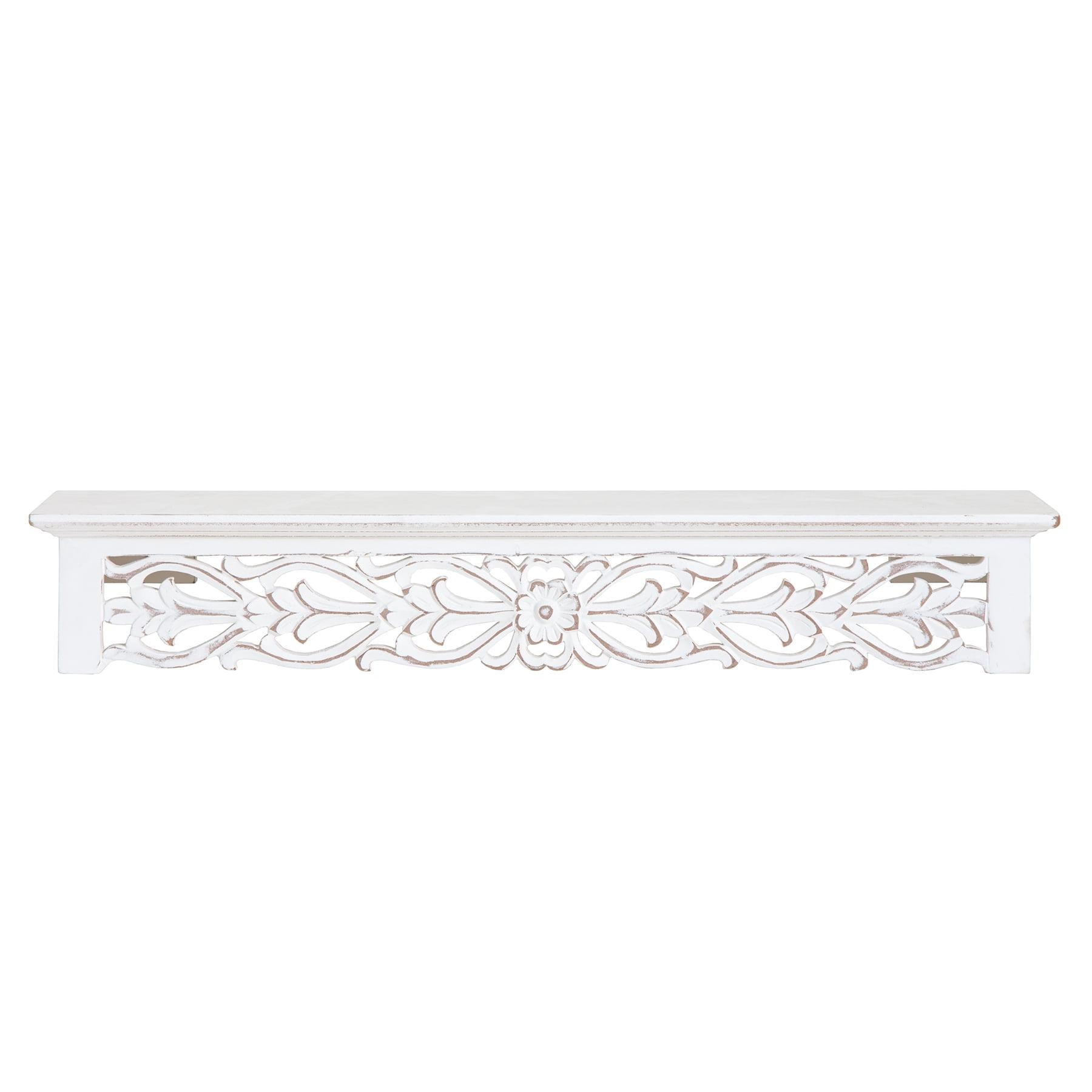 Brewster 24" Hyla White Decorative Shelf: Carved Floating, Botanical Detail, No Assembly Required