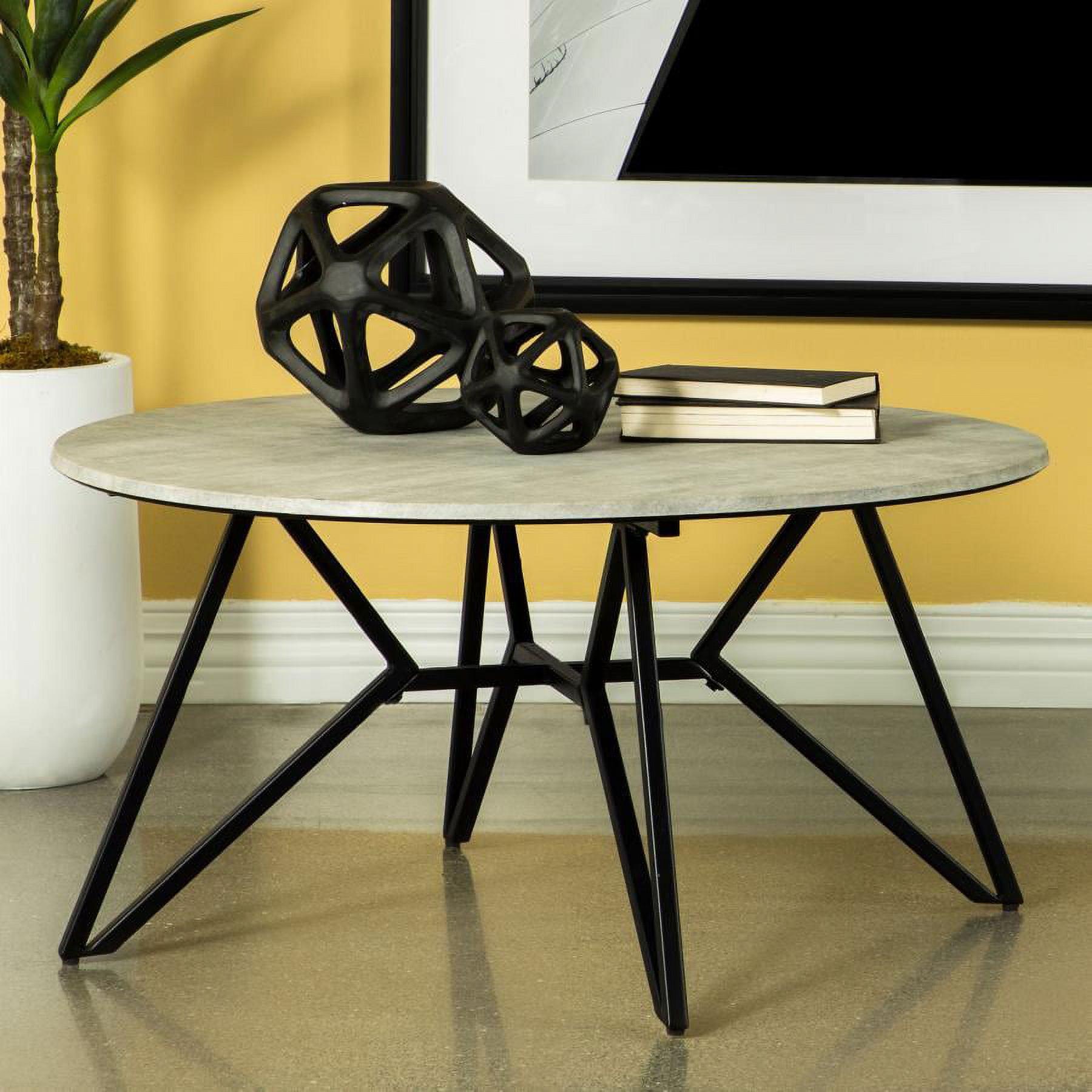 Transitional Round Coffee Table with Faux Cement Top and Gunmetal Legs