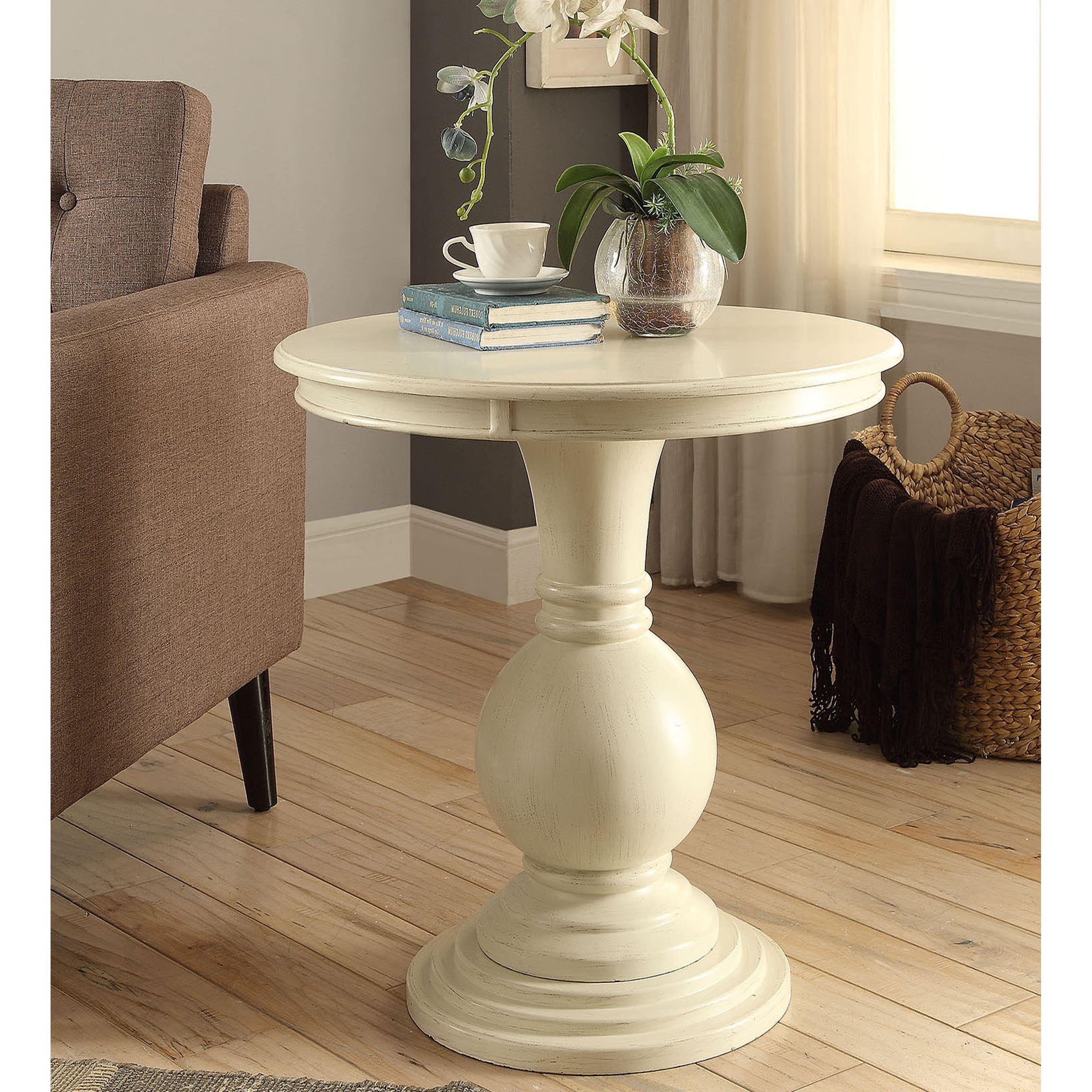 Antique White Round Wood Pedestal Accent Table