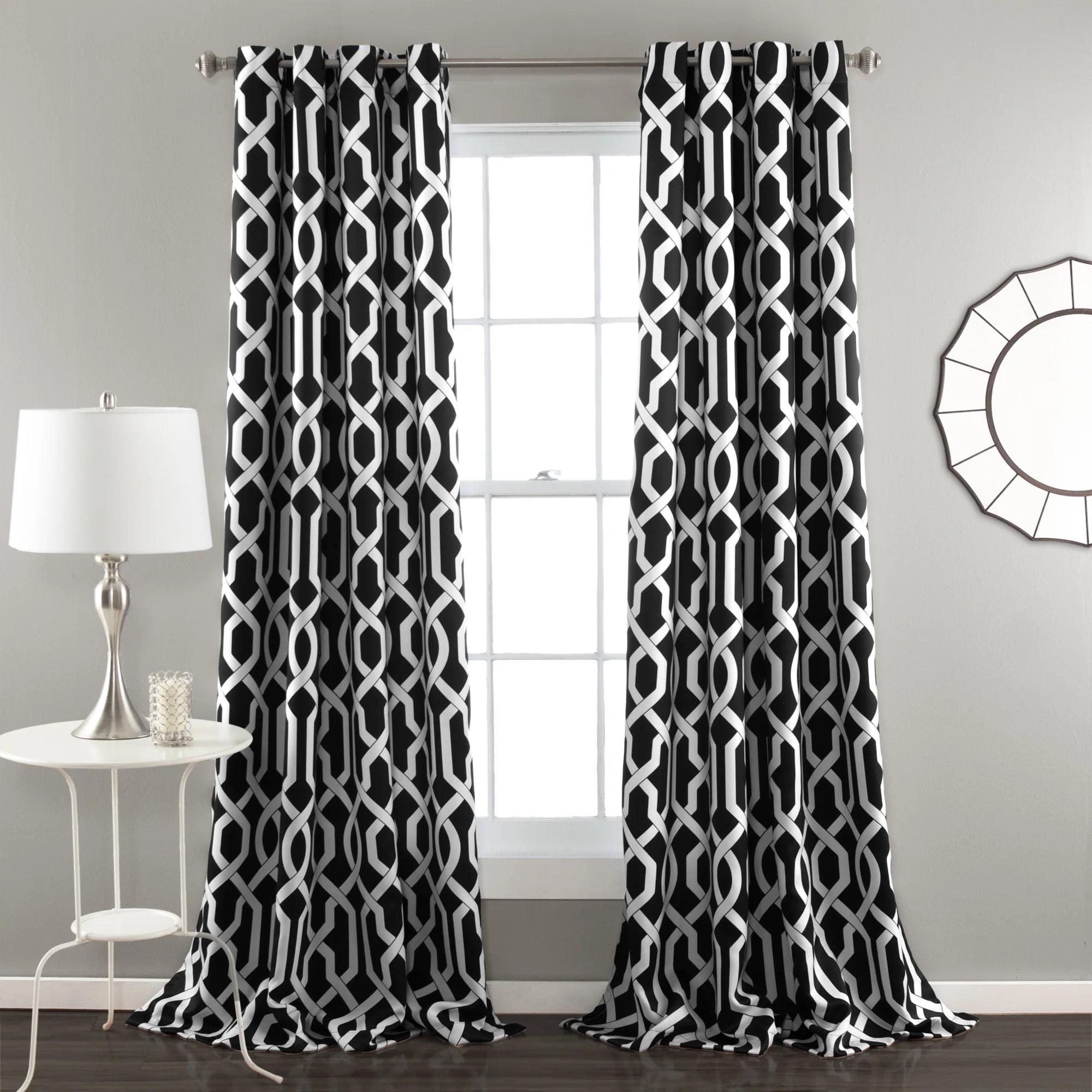 Black Trellis Polyester Room Darkening Curtain Panels with Grommets