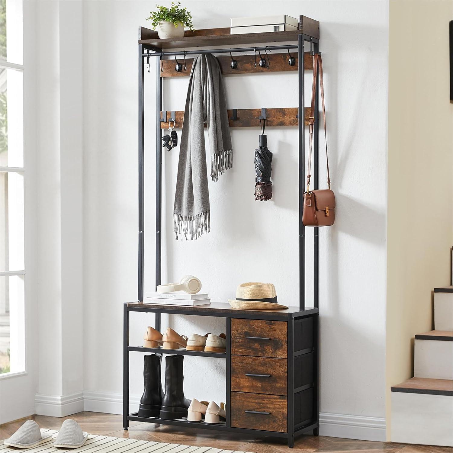 Hall Tree, 5-in-1 Coat Rack with Bench and Shoe Storage