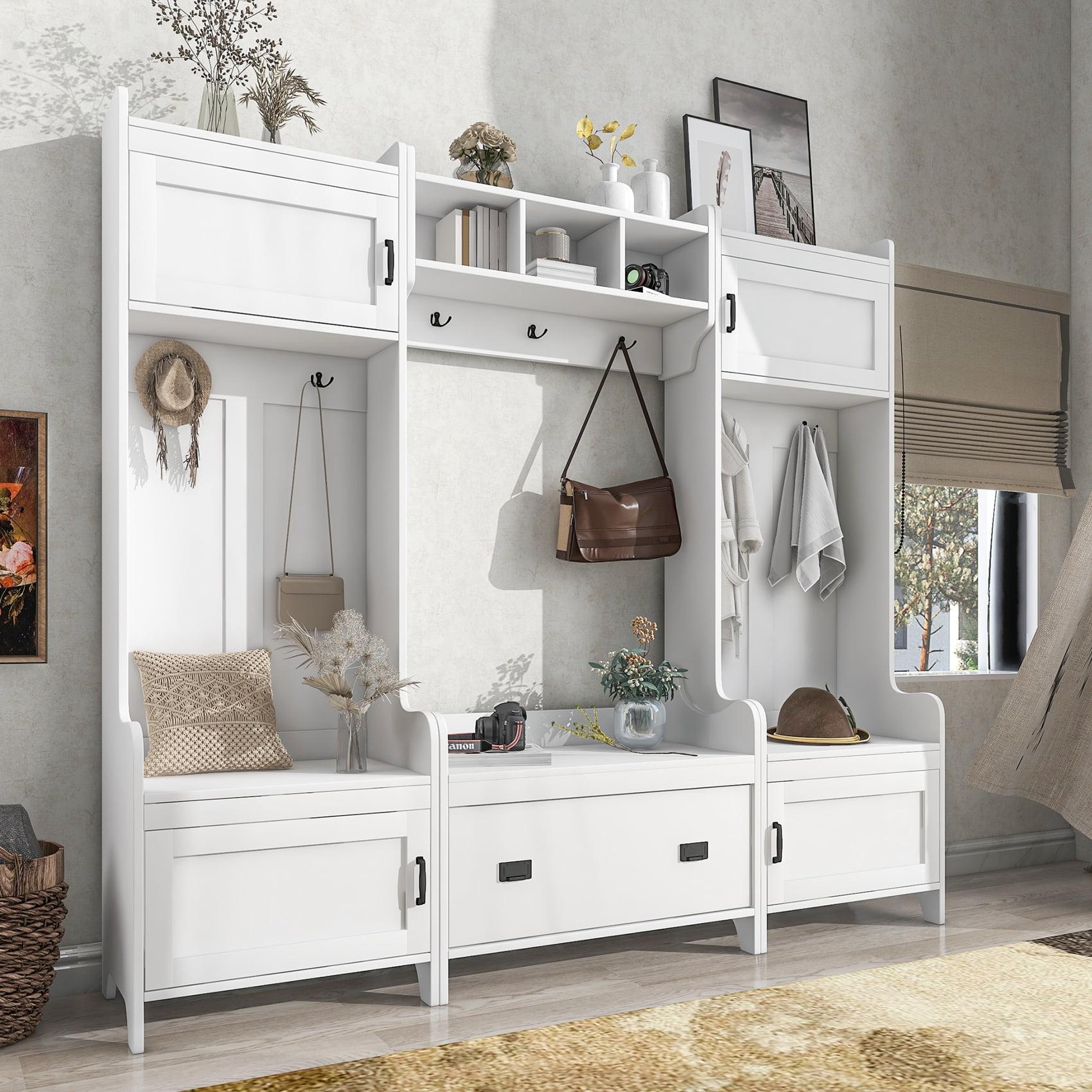 White 4-in-1 Hall Tree with Bench and Storage Cabinets