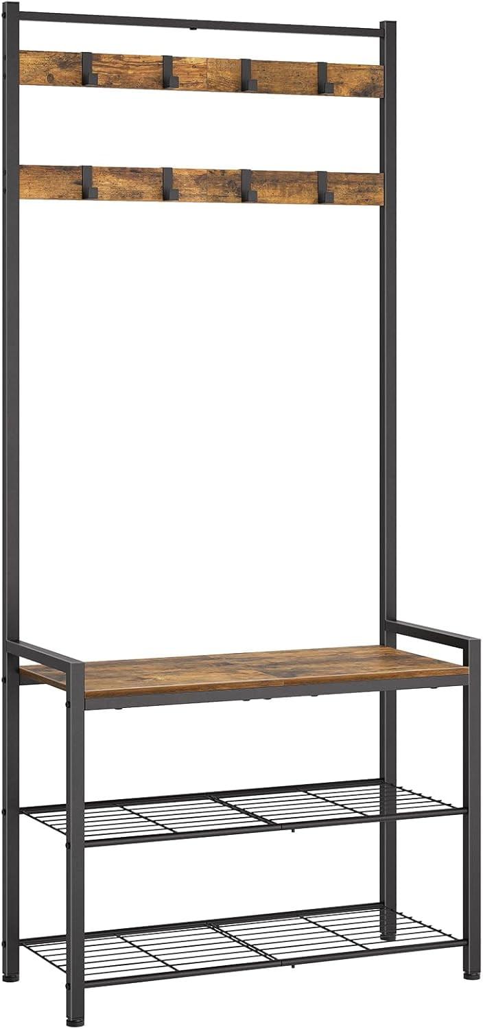 VASAGLE Hall Tree Entryway Coat Rack with Shoe Bench Rustic Walnut and Black