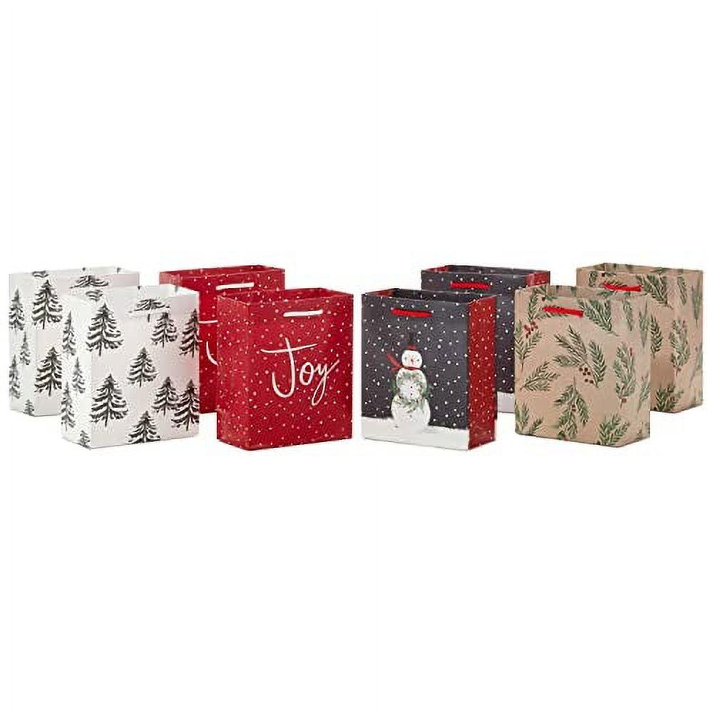 Hallmark 6" Small Holiday Gift Bags (8 Bags: Winter Foliage, Rustic Snowman, "Joy" on Red, Black and White Trees)