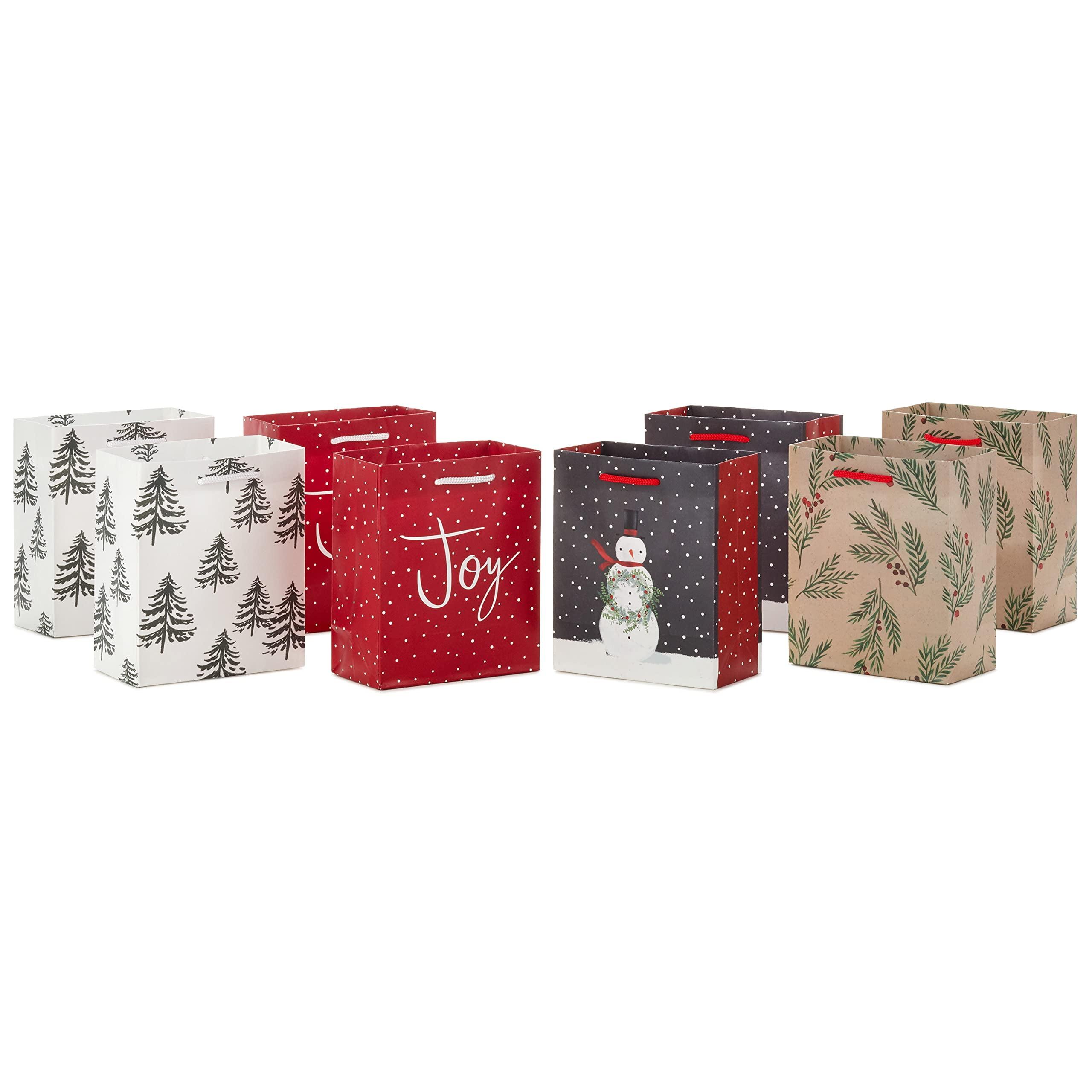 Hallmark 6" Small Holiday Gift Bags (8 Bags: Winter Foliage, Rustic Snowman, "Joy" on Red, Black and White Trees)