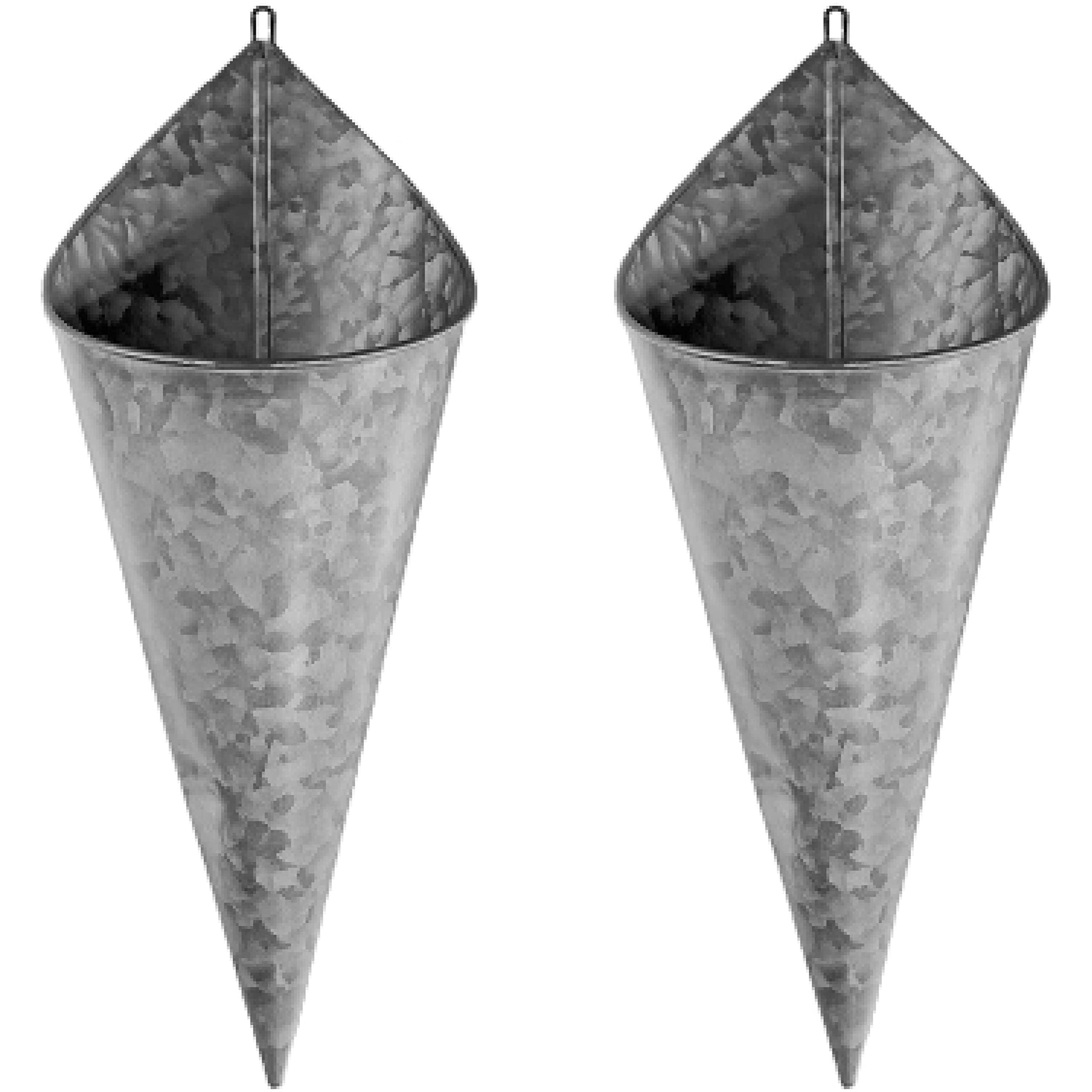 Rustic Farmhouse Galvanized Cone Wall Planters, Set of 2, Silver