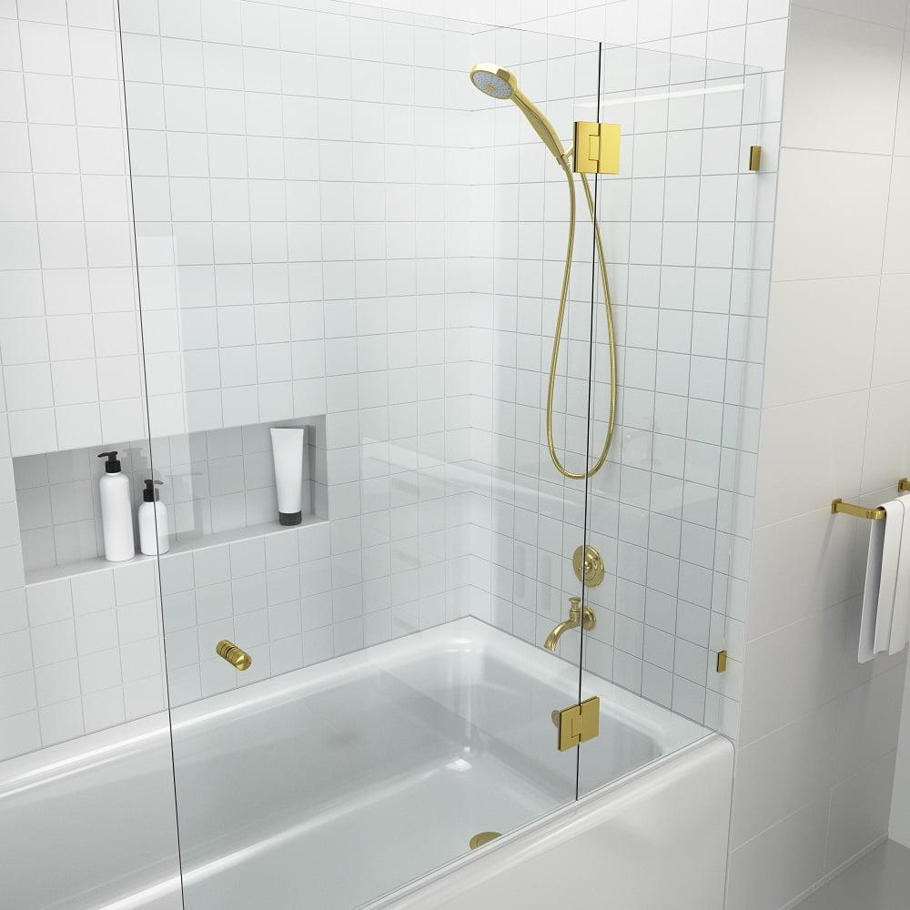 Halo 51 in x 58 in Frameless Glass Bathtub Door with Brass Hinges