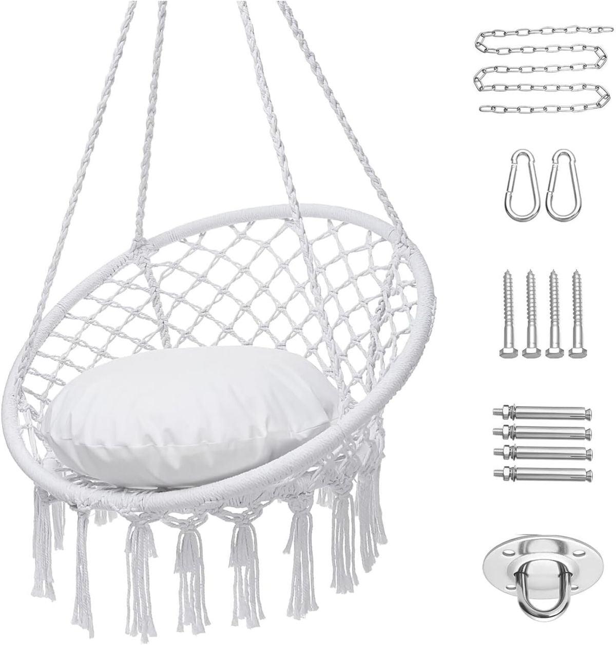 White Cotton Rope Hanging Hammock Chair with Cushions