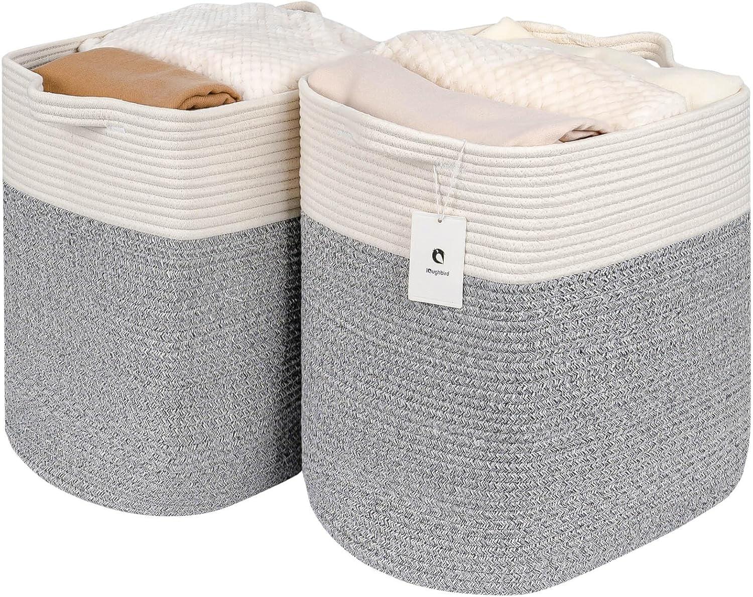 Silver Gray Collapsible Cotton Rope Storage Hampers, Set of 2