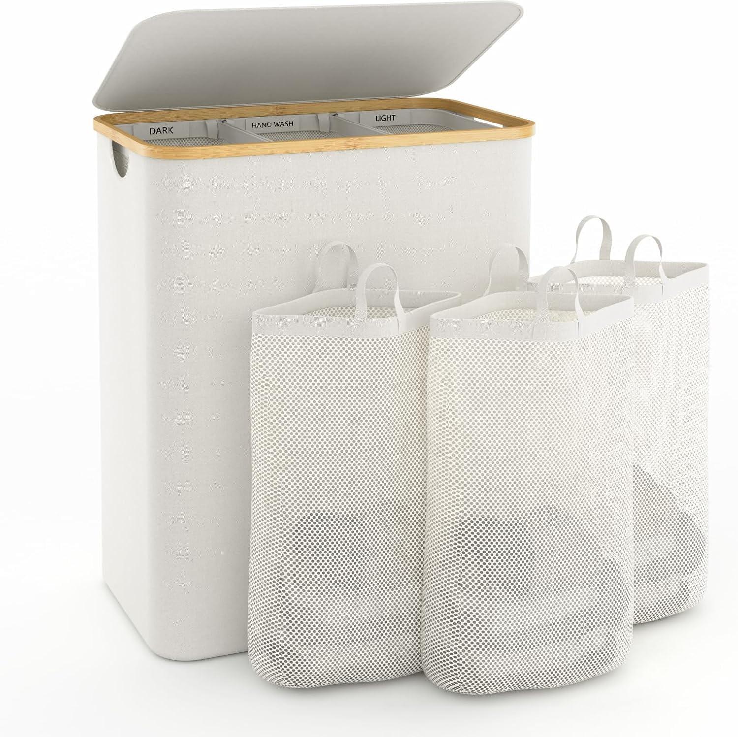 Beige Collapsible Upright Hamper with Lid and Dividers