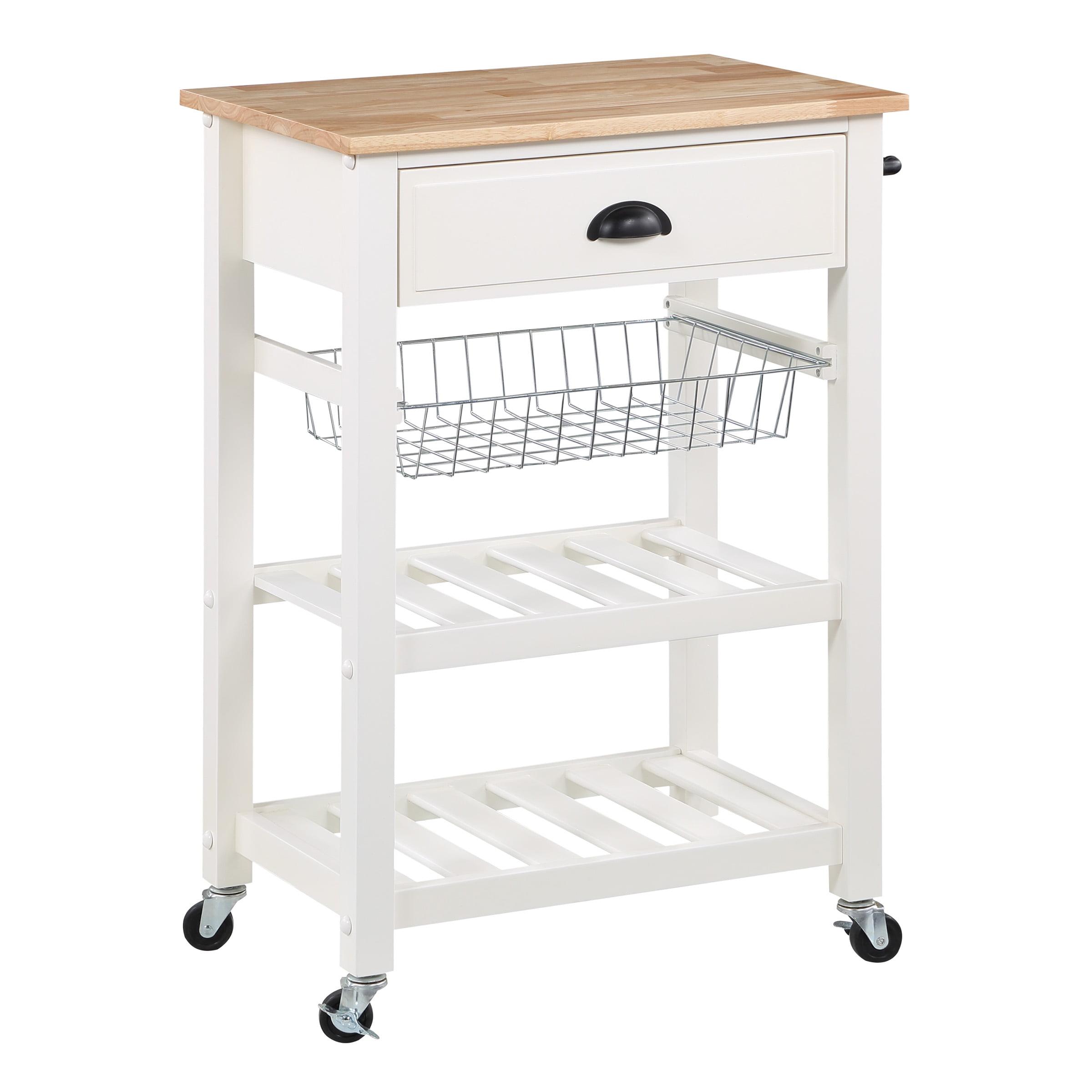 White and Natural Wood Kitchen Cart with Storage