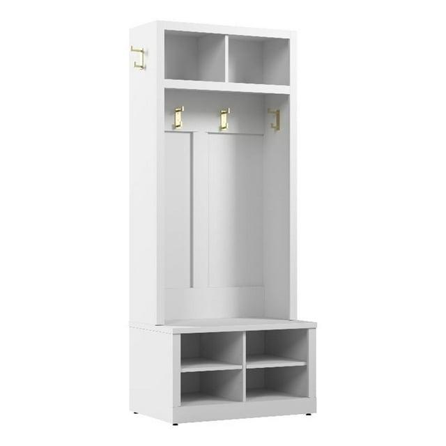 Hampton Heights 30W Hall Tree and Shoe Bench in White - Engineered Wood