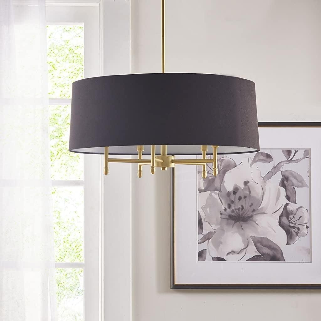 Gold and Black Brass Drum Shade Chandelier with Adjustable Height