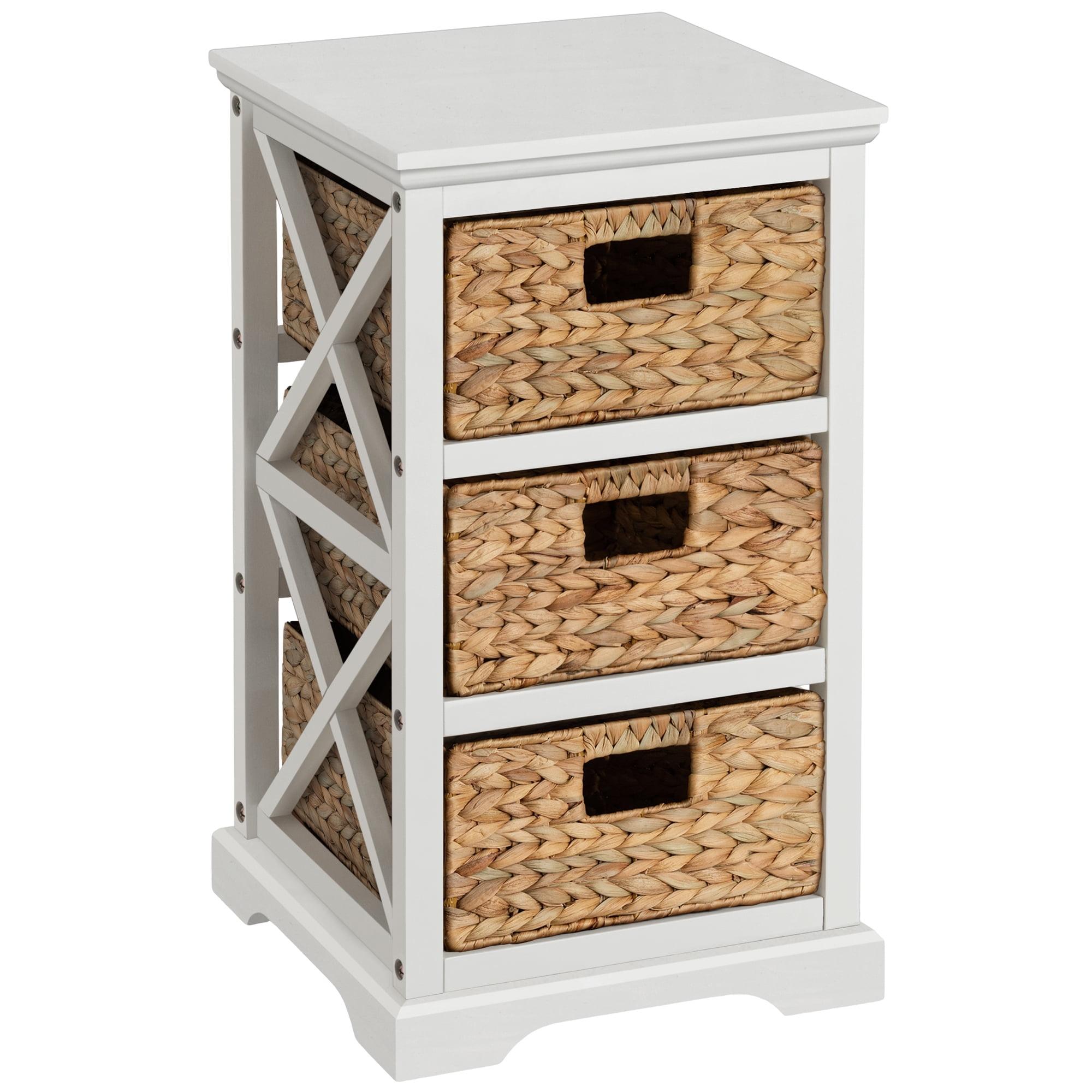 eHemco Hampton Meadows 3 Tier X-Side End Storage Cabinet with 3 Wicker Baskets, White