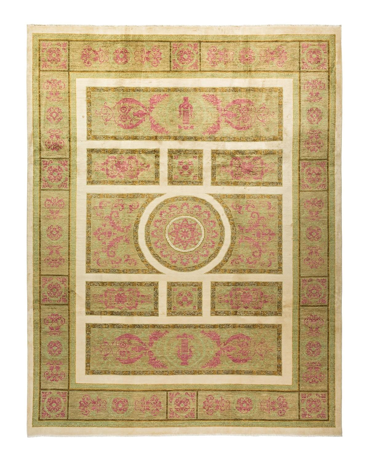 Hand-Knotted Ivory and Light Green Wool Floral Rug