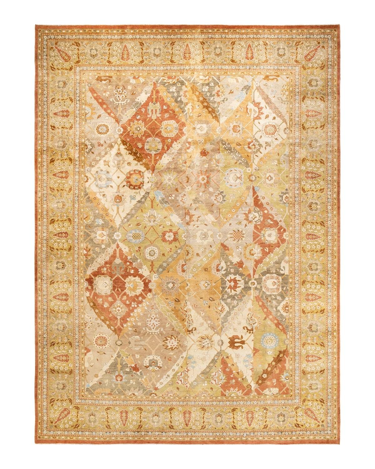 Hand-Knotted Beige and Orange Wool Area Rug 10' x 13'