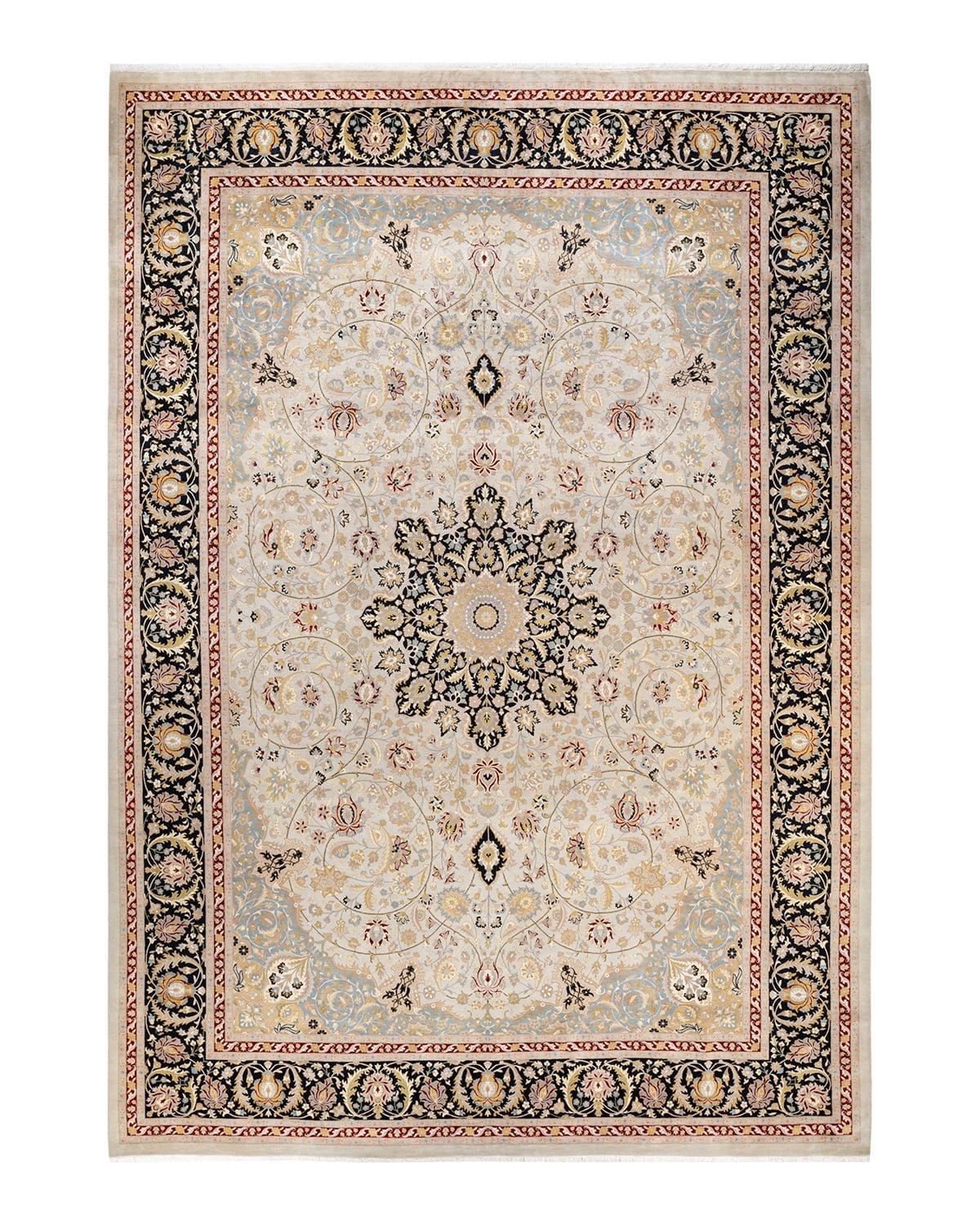 Hand-Knotted Ivory and Black Wool Floral Area Rug 10'5" x 14'10"