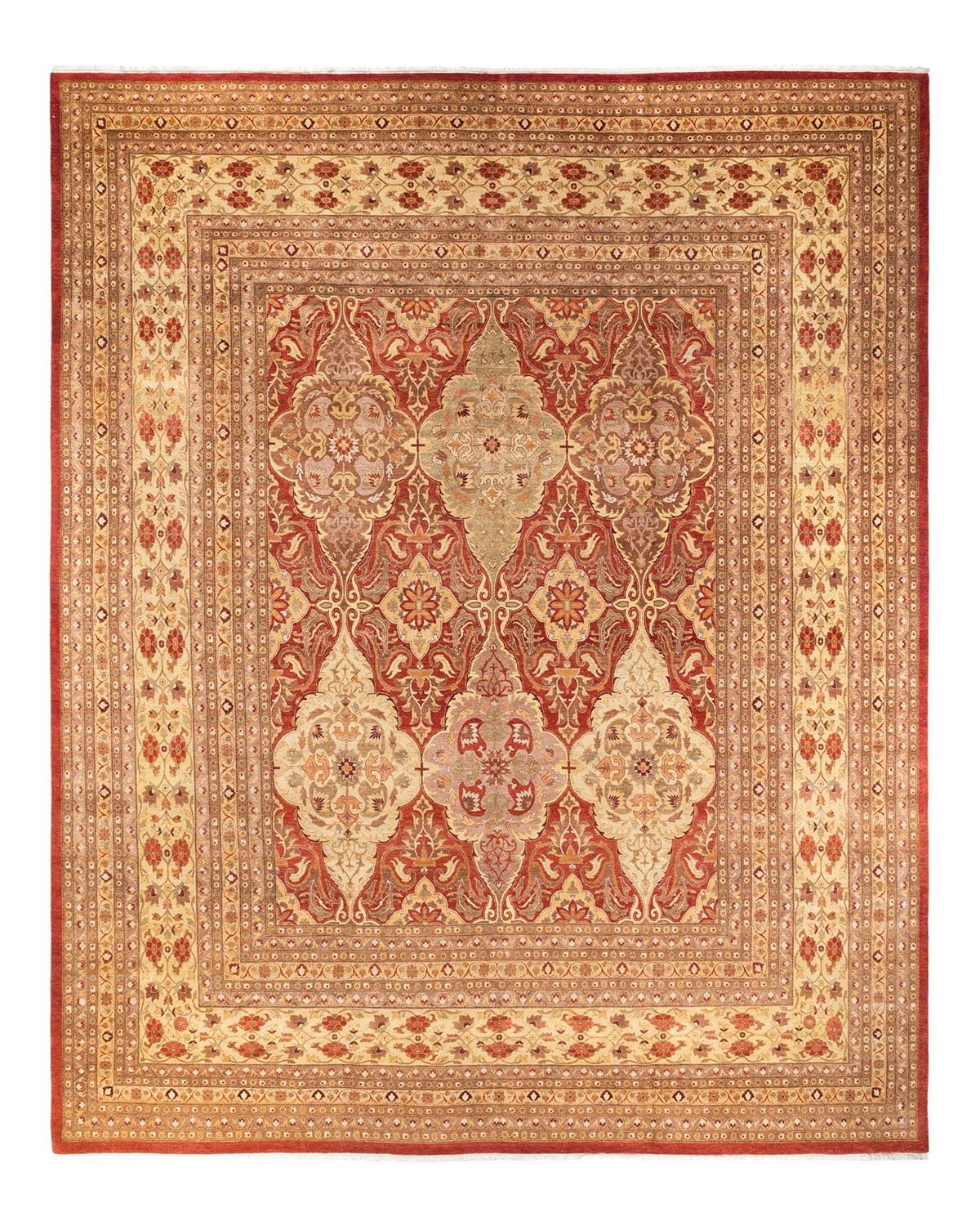 Hand-Knotted Ivory and Orange Wool Rectangular Area Rug