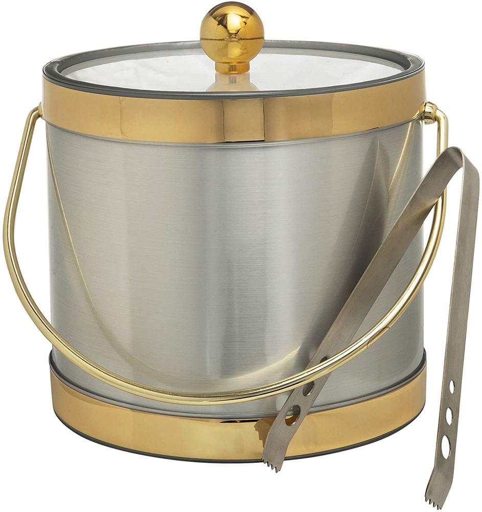 Brushed Silver and Gold 3-Quart Insulated Ice Bucket with Lid and Tongs