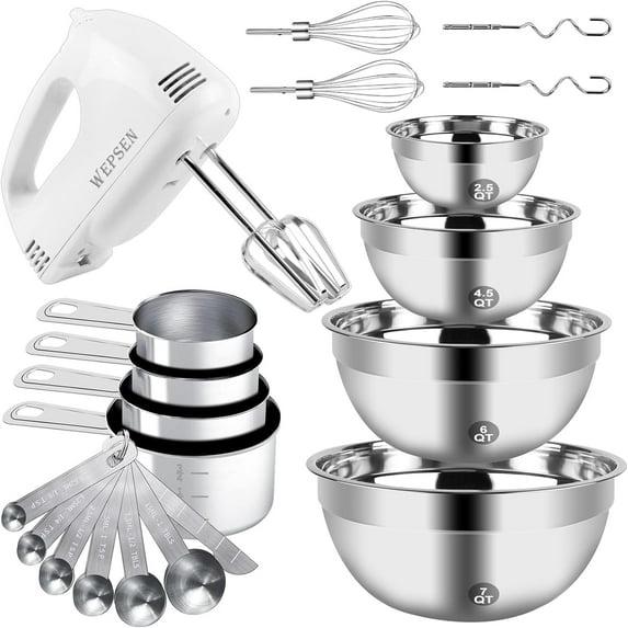 MODERN WALLS LLC B07SJQZVZS Hand Mixer Electric Mixing Bowls Set, 5 Speeds Handheld Mixer With 4 Nesting Stainless Steel Mixing Bowl, Measuring Cups Spoons 200W Kitchen Blender Whisk Beater Baking Supplies For Beginner