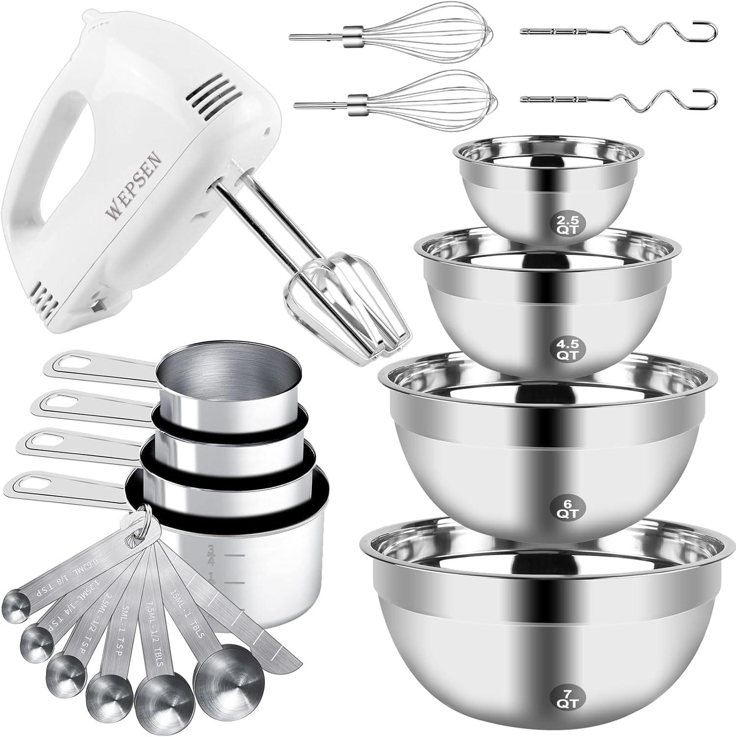 MODERN WALLS LLC B07SJQZVZS Hand Mixer Electric Mixing Bowls Set, 5 Speeds Handheld Mixer With 4 Nesting Stainless Steel Mixing Bowl, Measuring Cups Spoons 200W Kitchen Blender Whisk Beater Baking Supplies For Beginner