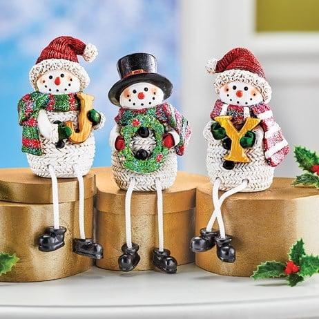 Hand-Painted Winter Snowman Figurine Set with Glitter Accents