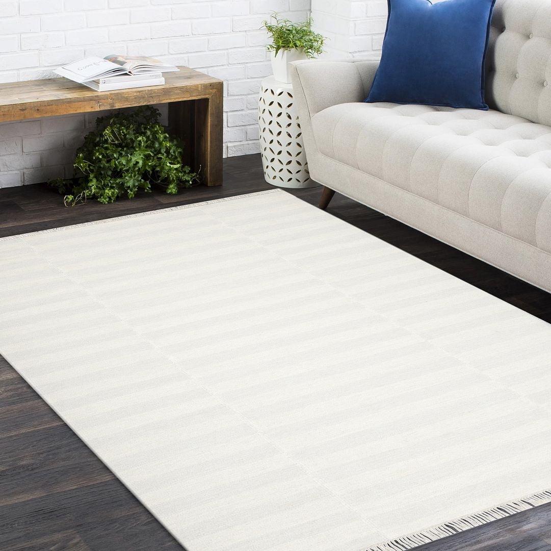 Ivory Striped Flatweave Wool and Cotton 8' x 10' Rug