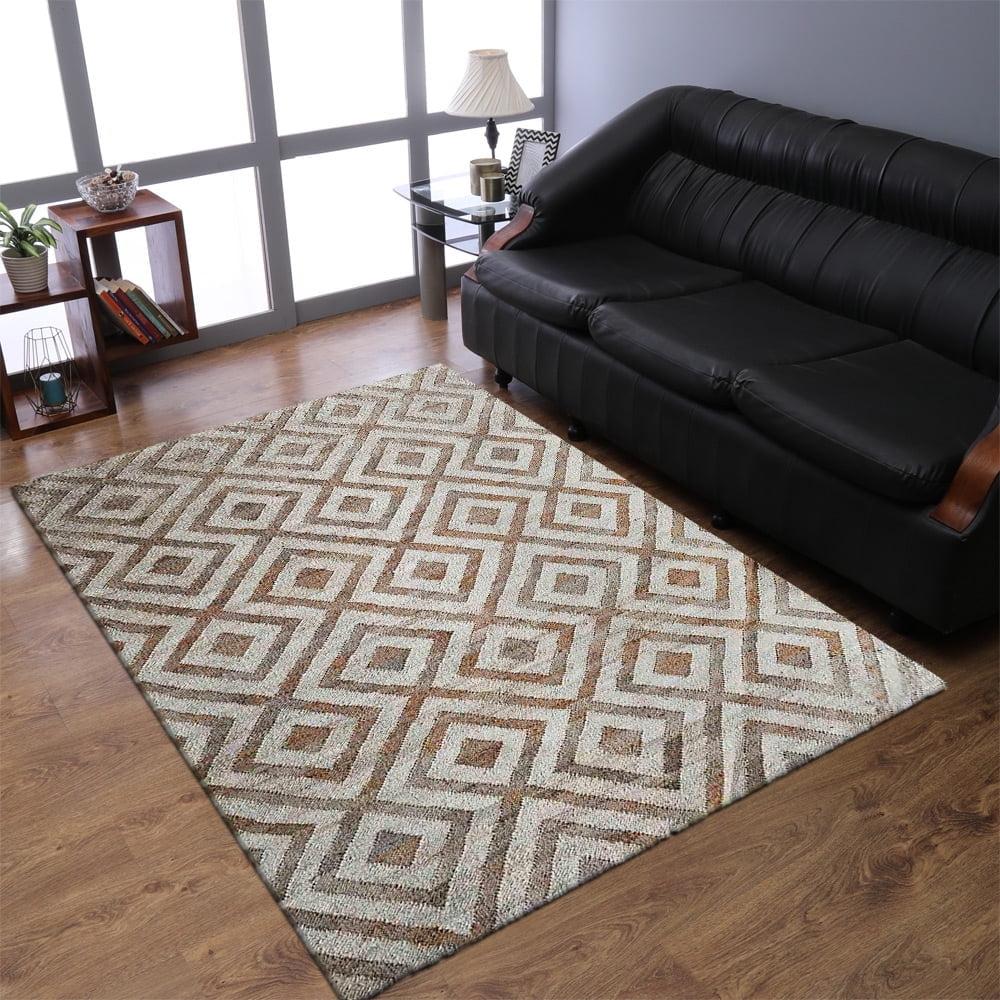 Hand Woven Flat Weave Kilim Jute Eco-Friendly Area Rugs - 3'X5', Rectangle Shape, White Beige Color, Geometric Pattern, High Pile, Natural Fiber, Handmade Area Rugs For Living Room (J00028)