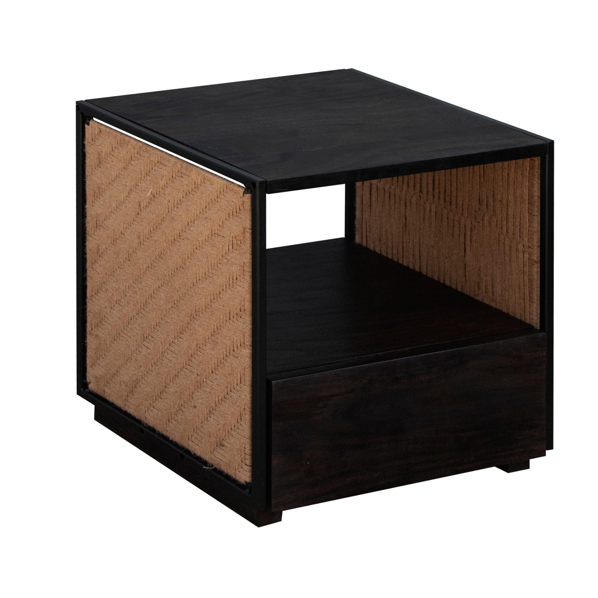 Cottage Charm Acacia Wood & Woven Jute Nightstand - Brown/Black