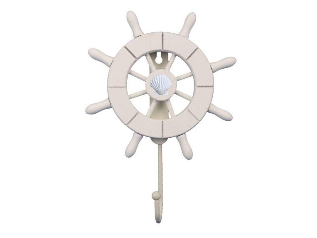 Handcrafted Nautical Decor White Decorative Ship Wheel with Seashell with Hook 6" - Wooden Ships Wheel - B