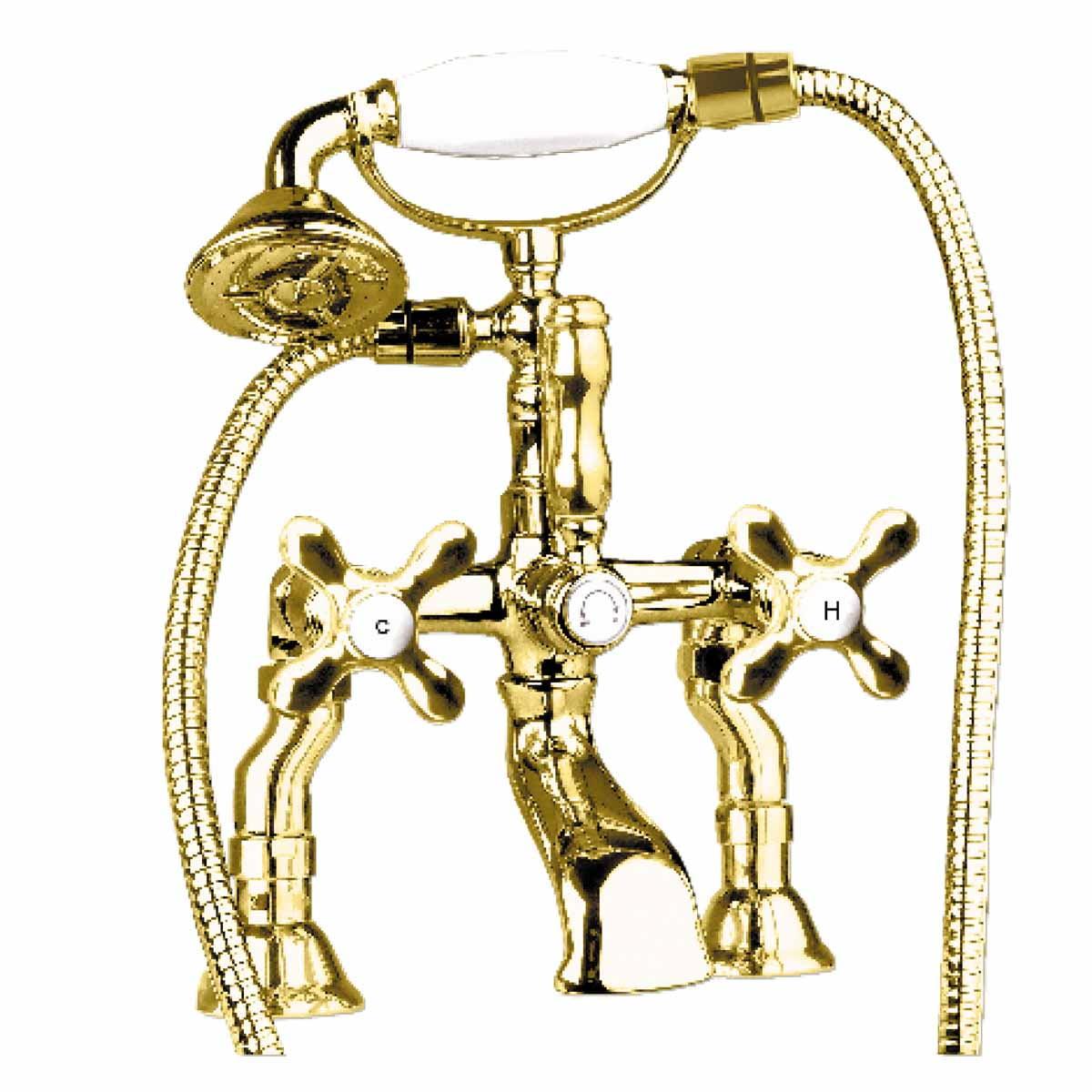 Gold PVD Brass Deck-Mount Tub Faucet with Handheld Shower