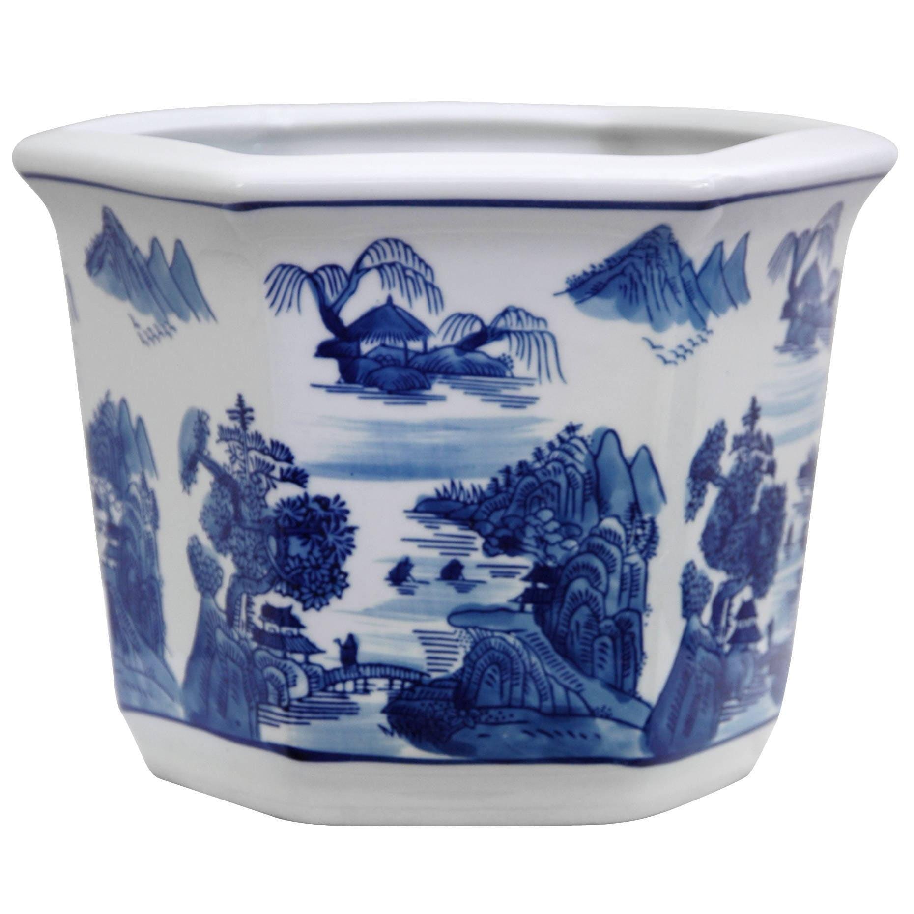 Classic Blue & White Porcelain Landscape Planter - 9x10"