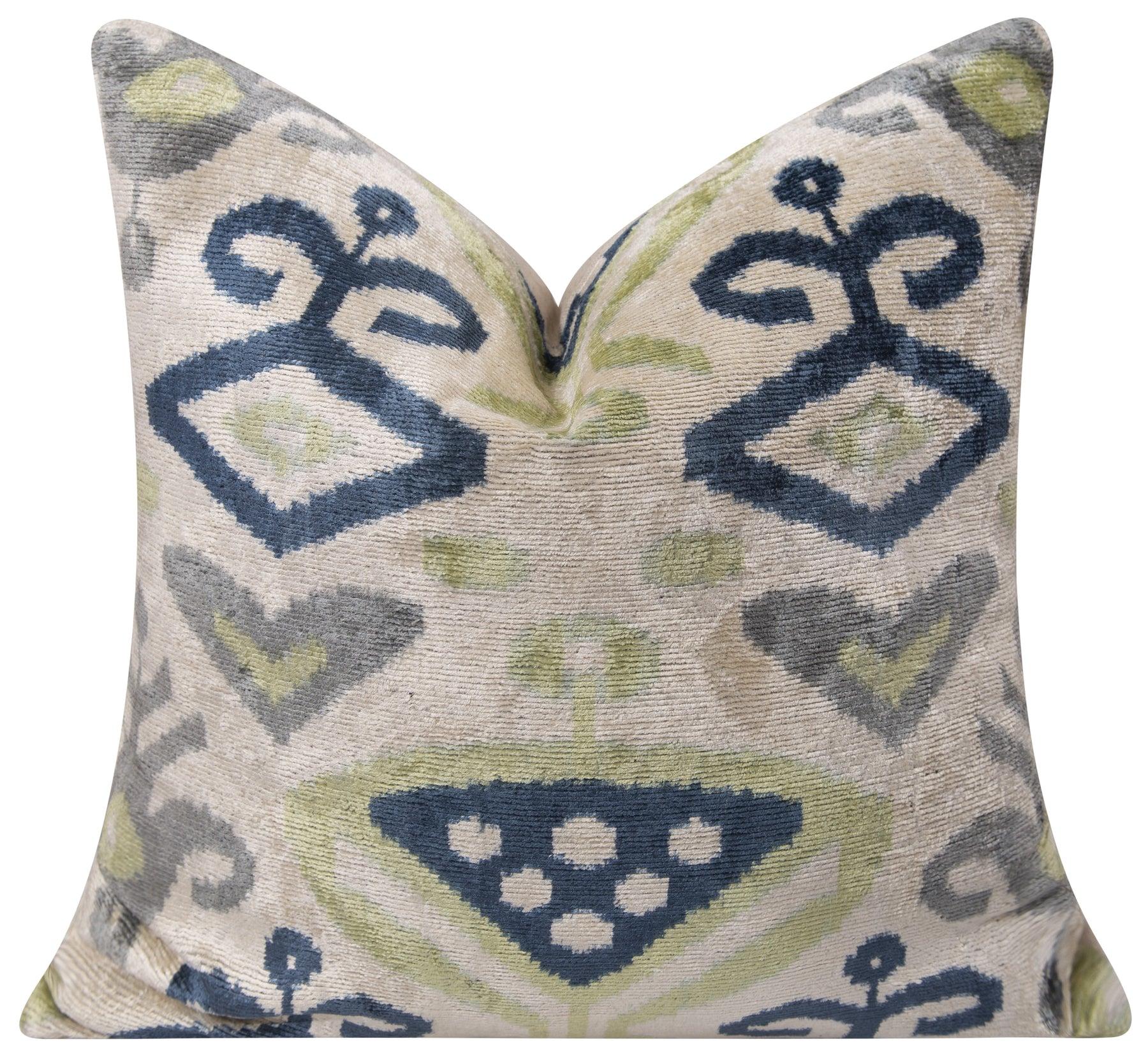 Canvello Handmade Silk Velvet Ikat Throw Pillow - 20X20, Beige, Blue, And Green Ikat Design With Down Feather Insert
