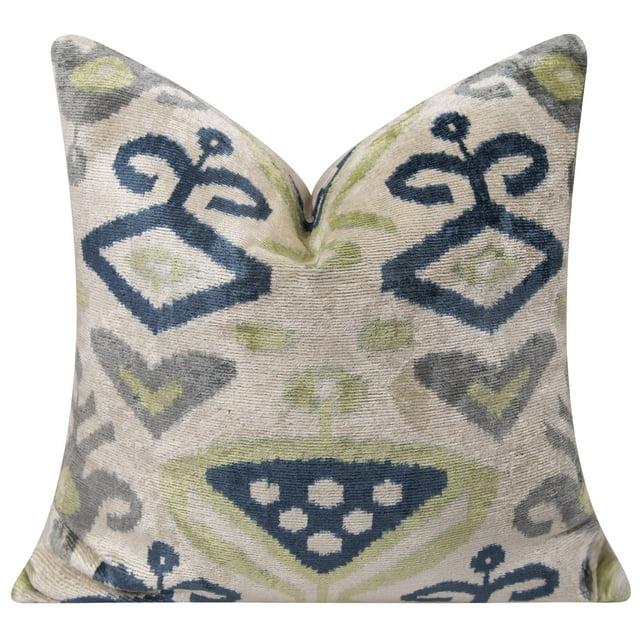 Canvello Handmade Silk Velvet Ikat Throw Pillow - 20X20, Beige, Blue, And Green Ikat Design With Down Feather Insert