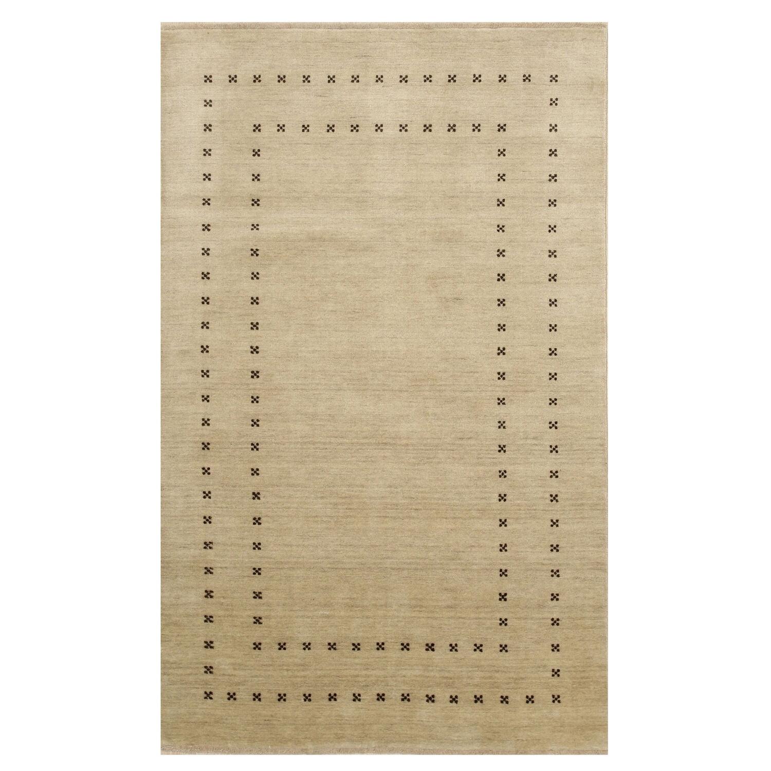 Chic Artisanal Beige Wool Hand-Knotted Tribal Rug - 5' x 8'