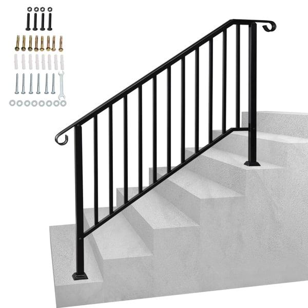 HLL Handrails for Outdoor Steps, Black Wrought Iron Handrail Fits 4 or 5 Steps, Transitional Handrail with Installation Kit, Stair Railing for Concrete Steps or Wooden Stairs